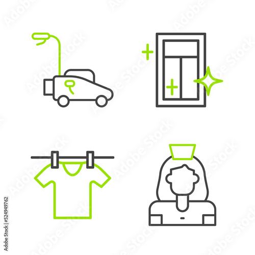 Set line Cleaning lady service, Drying clothes, for window and Lawn mower icon. Vector