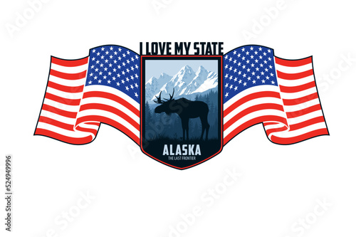 Alaska vector label with moose bull and mountains woodland forest and flag of the United States