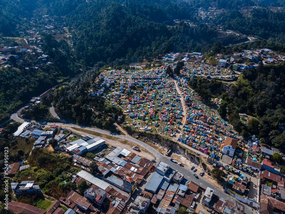 Beautiful aerial view of the Chichicastenango Cemetery, near the market and church in Guatemala
