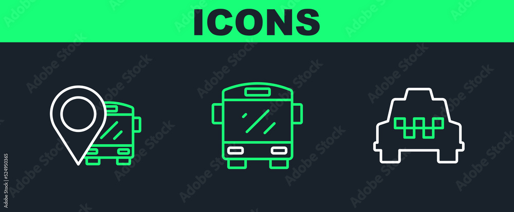 Set line Taxi car, Location with bus and Bus icon. Vector Set line Taxi car, Location with bus and Bus icon. Vector