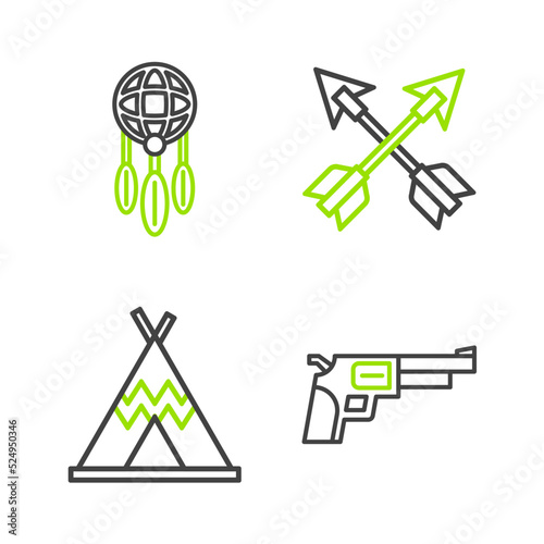 Set line Revolver gun, Indian teepee or wigwam, Crossed arrows and Dream catcher with feathers icon. Vector