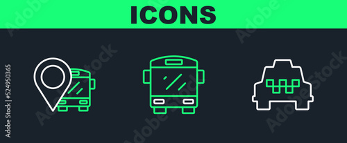 Set line Taxi car, Location with bus and Bus icon. Vector
