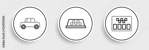 Set line Taximeter, Car and car roof icon. Vector