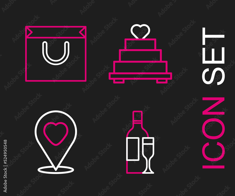 Set line Champagne bottle, Location with heart, Wedding cake and Shopping bag icon. Vector Set line Champagne bottle, Location with heart, Wedding cake and Shopping bag icon. Vector