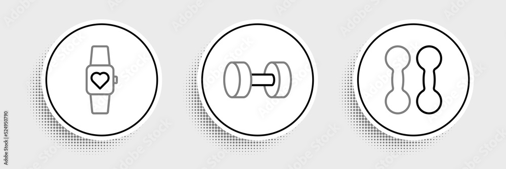 Set line Dumbbell, Smart watch and icon. Vector