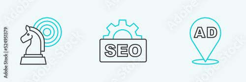 Set line Advertising, Chess and SEO optimization icon. Vector