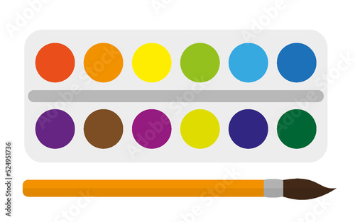 Palette paint paintbrush creative develop flat set. Children art therapy toy active game bright color draw gouache watercolor palette creative kid development. Object school preschool hobby isolated