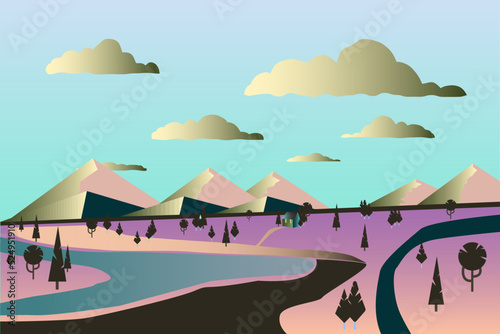 Fabulously beautiful forest landscape for the game. Illustration of a cartoon landscape. Vector illustration in cartoon style. User interface design.