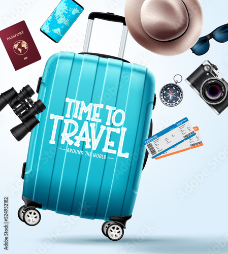 Travel time vector design. Travel around the world text in luggage bag space with binocular, phone, passport and camera for vacation trip international. Vector Illustration.