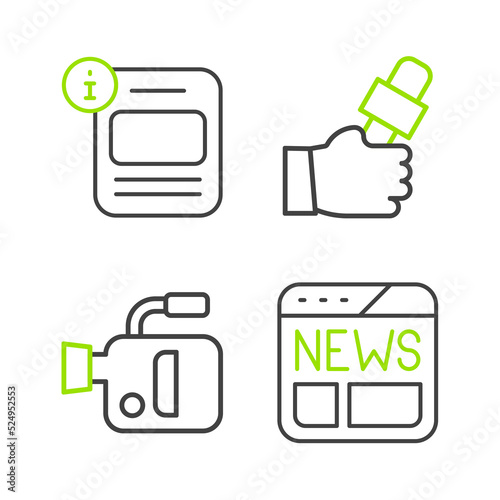 Set line News, Cinema camera, Journalist news and Information icon. Vector