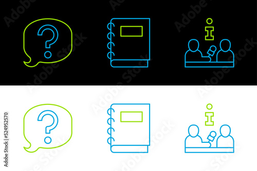 Set line Interview, Speech bubble chat and Notebook icon. Vector