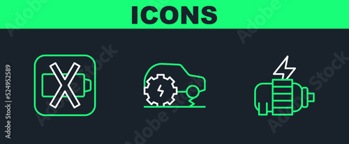 Set line Electric motor, Low battery and car service icon. Vector