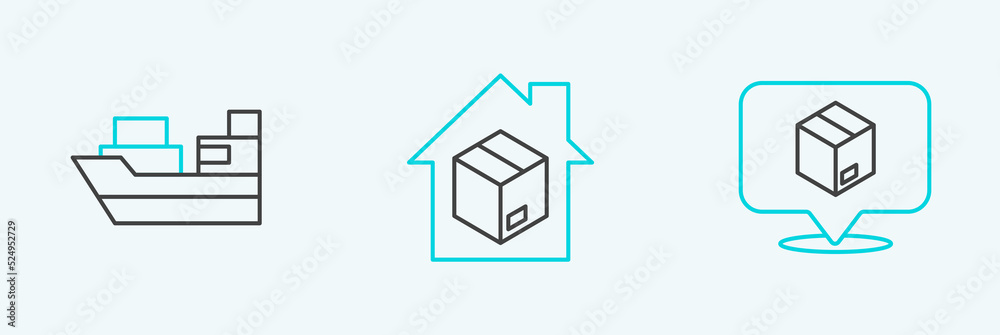 Set line Location with cardboard box, Cargo ship boxes delivery and Home services icon. Vector Set line Location with cardboard box, Cargo ship boxes delivery and Home services icon. Vector