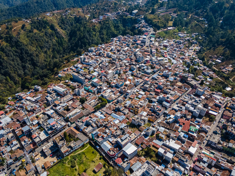 Beautiful aerial view of Chichicastenango, its amazing Church, the traditional Textil Market in Guatemala