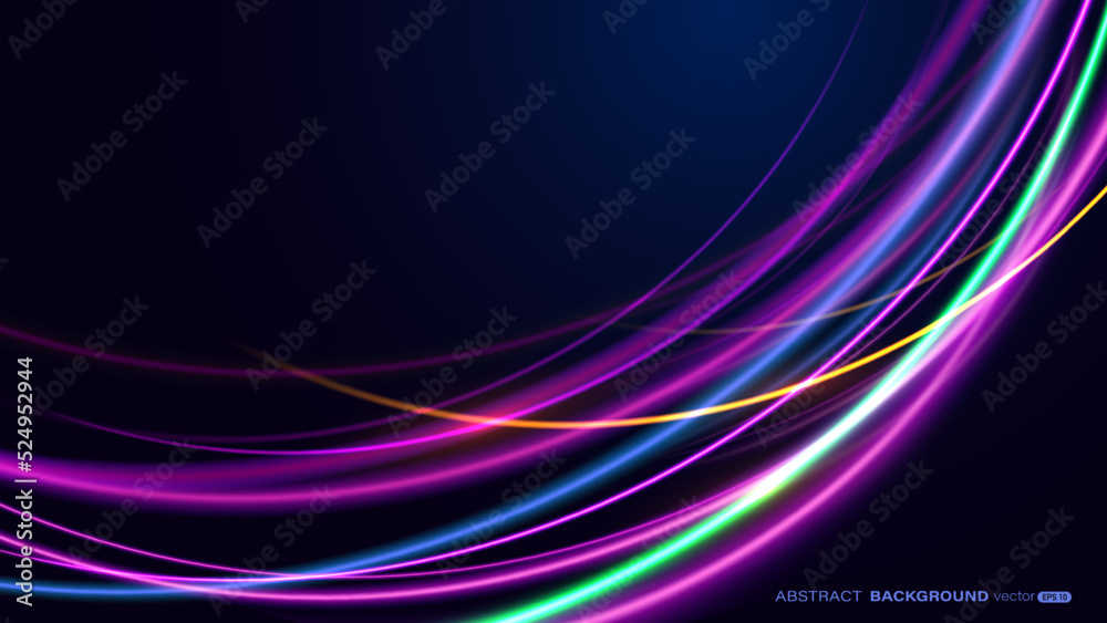 Abstract colorful neon light curve beam effect on dark blue background. Futuristic light effect concept Abstract colorful neon light curve beam effect on dark blue background. Futuristic light effect concept