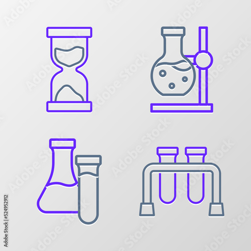 Set line Test tube  flask on stand and Old hourglass icon. Vector