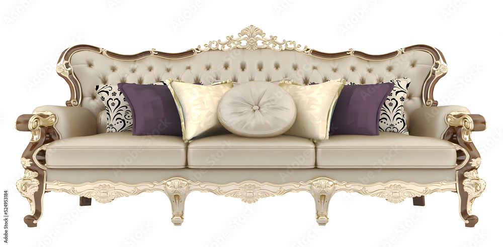Khaki gold classic 3-seater sofa with pillows, transparent. Png. 3D  rendering ilustración de Stock | Adobe Stock