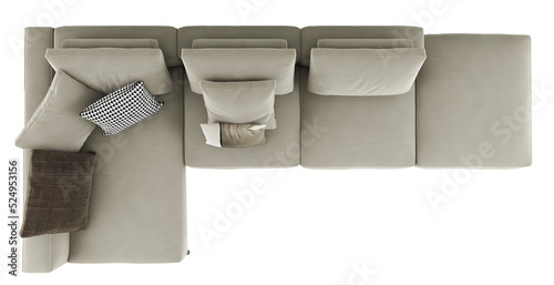 Top view modern gray L sofa and pillows Transparent. Png. 3D rendering