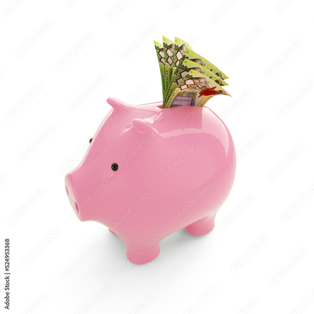 Obraz premium Papua New Guinean kina notes inside pink Piggy Bank, money in piggy bank, savings concept, 3d rendering