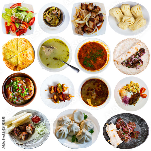 Many dishes of Georgian cuisine isolated over white background.