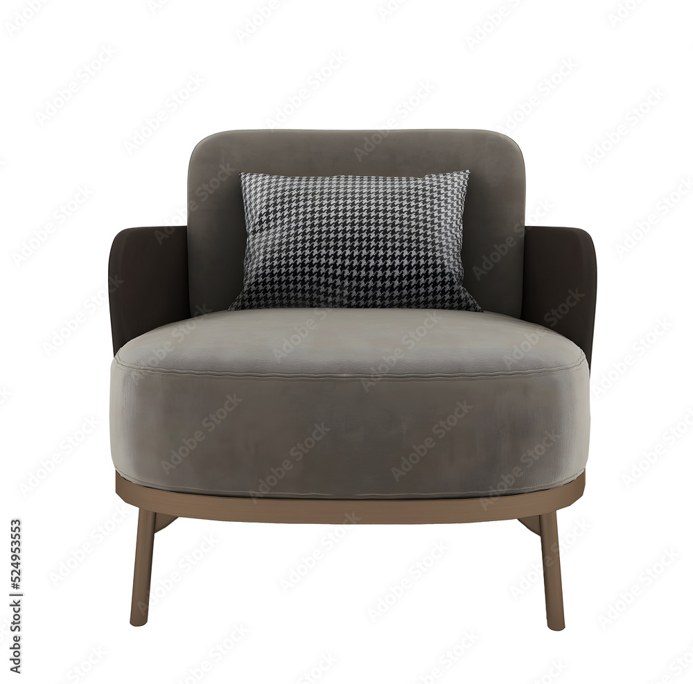 Modern rounded gray gold single armchair and pillow, front, transparent. Png. 3D rendering Modern rounded gray gold single armchair and pillow, front, transparent. Png. 3D rendering