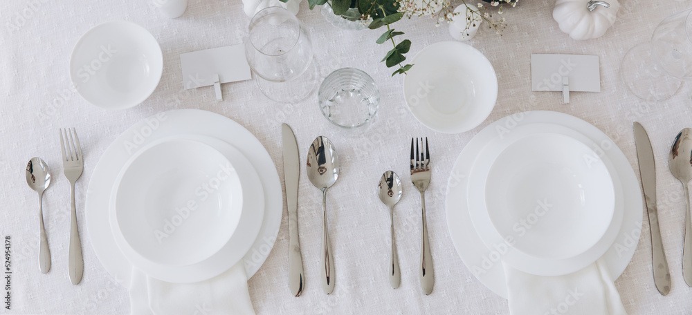 Thanksgiving table setting, tableware and decor, decoration, family holiday. Autumn mockup.