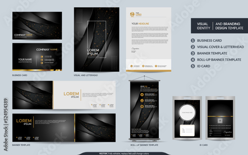 Elegant Black stationery mock up set and visual brand identity with abstract overlap layers background . Vector illustration mock up for branding, cover, card, product, event, banner, website.