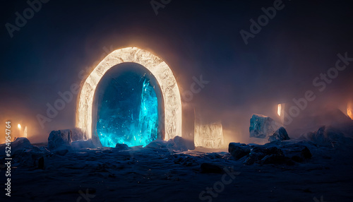 Abstract fantasy glacial winter cold neon landscape. Winter snowy landscape. Winter background, ice, Ice magic portal, light entrance. North polar relief. 3D illustration.