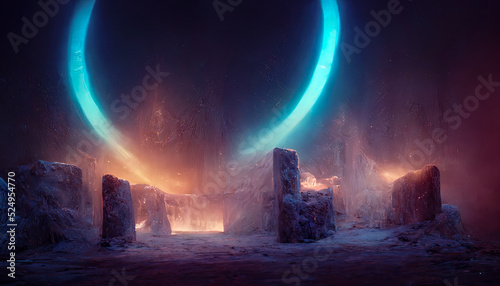 Abstract fantasy glacial winter cold neon landscape. Winter snowy landscape. Winter background  ice  Ice magic portal  light entrance. North polar relief. 3D illustration.
