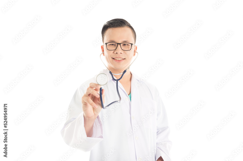 asian doctor holding stethoscope on white background asian doctor holding stethoscope on white background