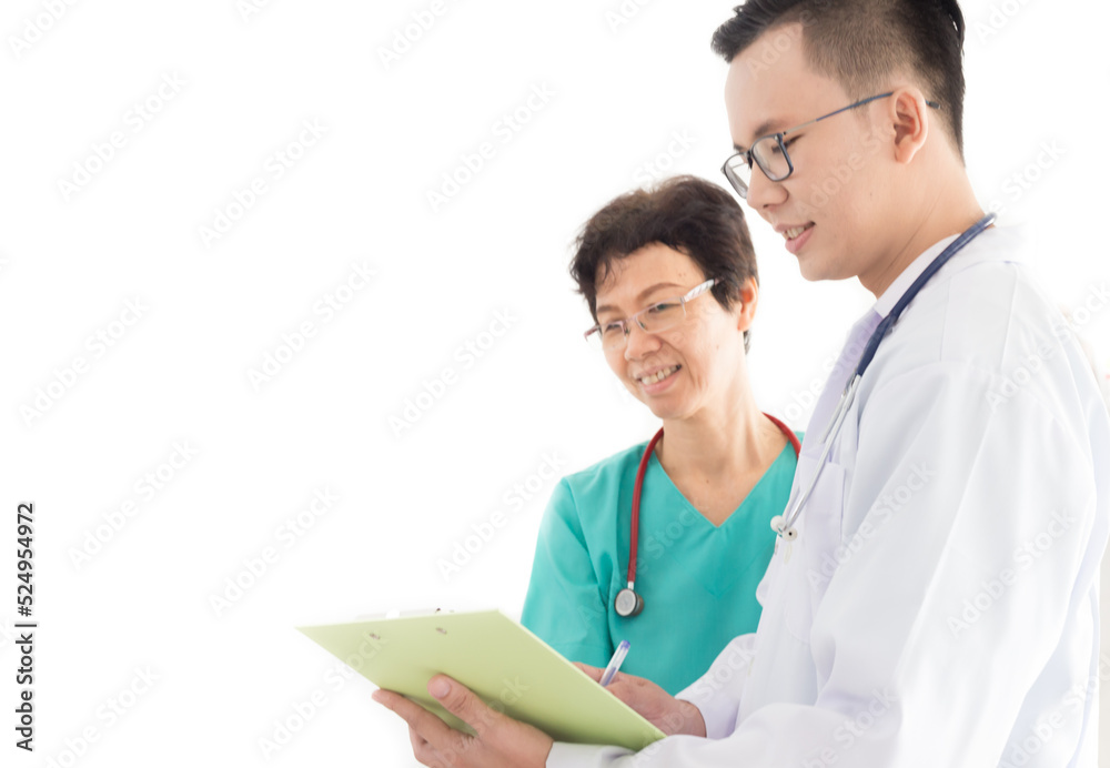 Asian doctor talking with health worker about patient treatment order, he holding patient chart on white background Asian doctor talking with health worker about patient treatment order, he holding patient chart on white background