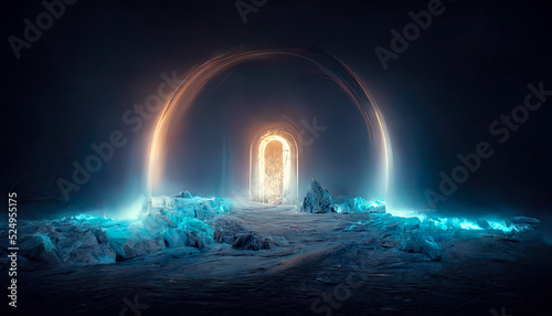 Abstract fantasy glacial winter cold neon landscape. Winter snowy landscape. Winter background, ice, Ice magic portal, light entrance. North polar relief. 3D illustration.