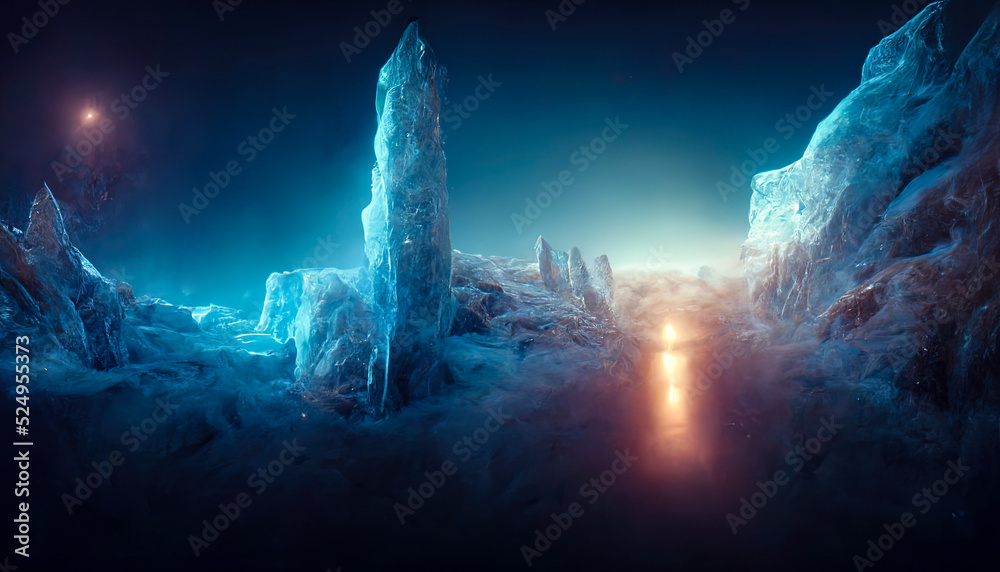 Fototapeta premium Abstract fantasy glacial winter cold neon landscape. Winter snowy landscape. Winter background, ice, Ice magic portal, light entrance. North polar relief. 3D illustration.