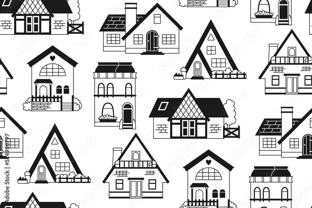 House front flat doodle seamless pattern. Boundless ornament various facade village or urban, small houses. Modern, vintage cozy buildings wallpaper repeat design. Residential cottage villa background House front flat doodle seamless pattern. Boundless ornament various facade village or urban, small houses. Modern, vintage cozy buildings wallpaper repeat design. Residential cottage villa background