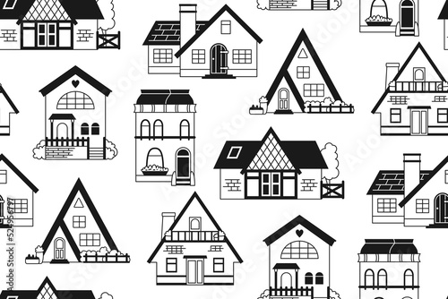 House front flat doodle seamless pattern. Boundless ornament various facade village or urban, small houses. Modern, vintage cozy buildings wallpaper repeat design. Residential cottage villa background