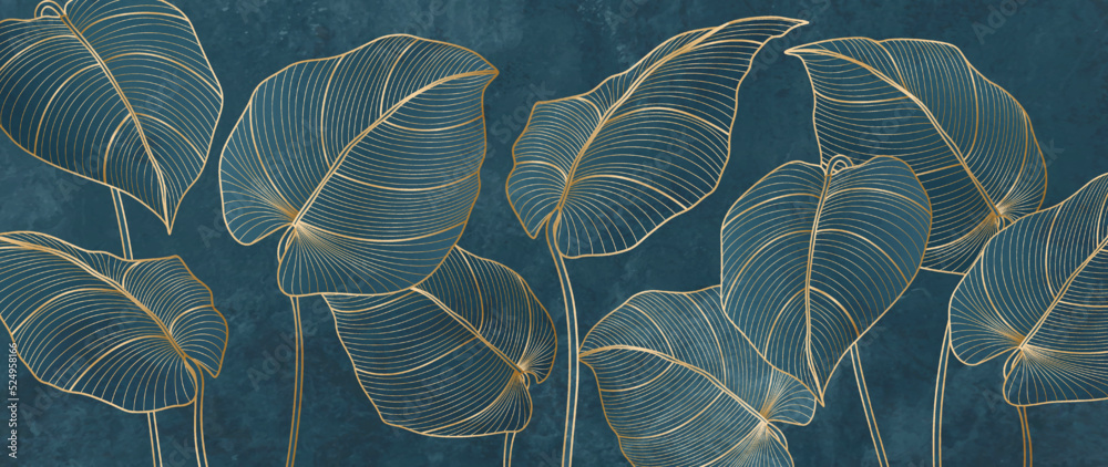 Art background in blue tones with tropical leaves in gold line style. Botanical exotic banner for wallpaper design, decor, print, packaging, interior design, textile. - obrazy, fototapety, plakaty 
