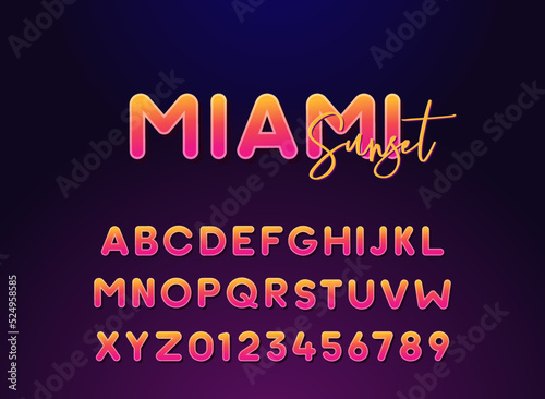 Miami sunset lettering typography round alphabet. Vector font for summer, night, clubbing events