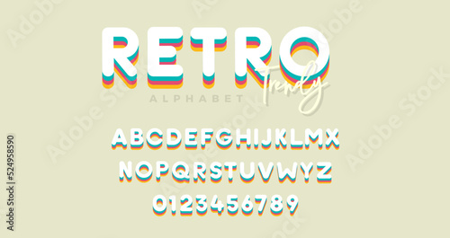 Vector of modern vibrant font and alphabet with numbers. Bold round typeface with different colors in vintage trendy style