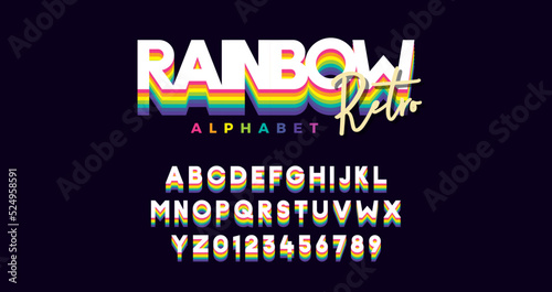 Rainbow retro font. Vector of modern vibrant alphabet and numbers. Typeface with different colors in vintage trendy style.