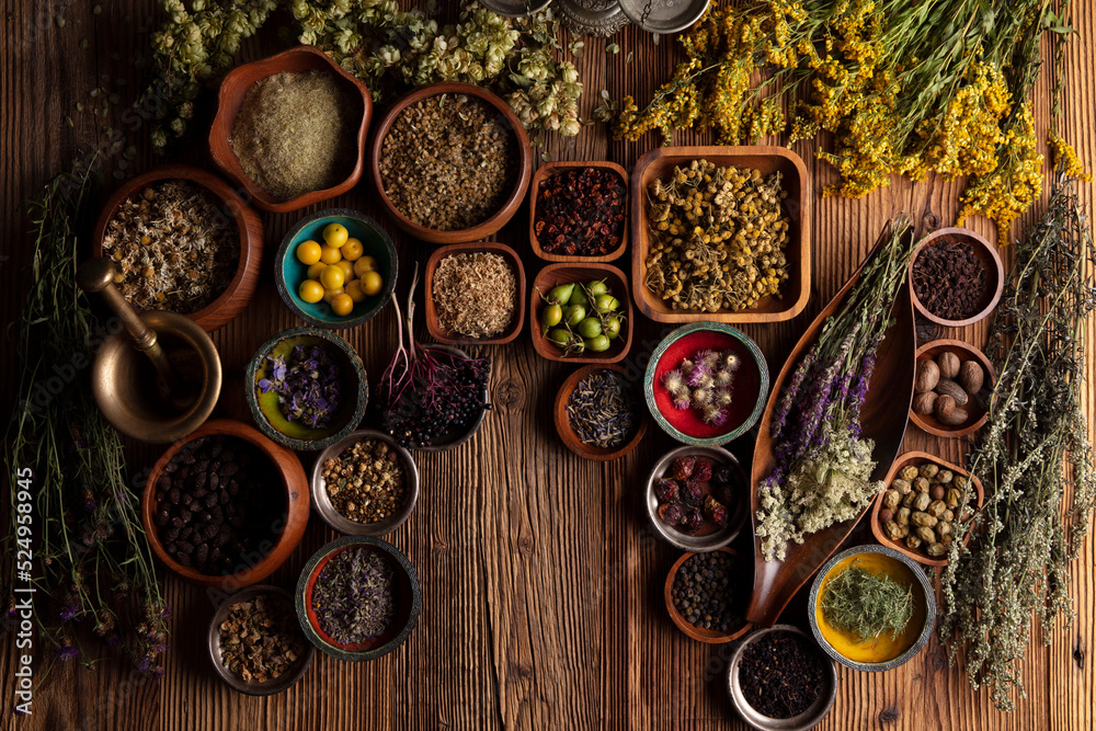 Natural medicine background. Assorted dry herbs in bowls, mortar and plants on rustic wooden table. Natural medicine background. Assorted dry herbs in bowls, mortar and plants on rustic wooden table.