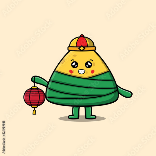 Cute cartoon chinese rice dumpling chinese character holding lantern in vector icon illustration