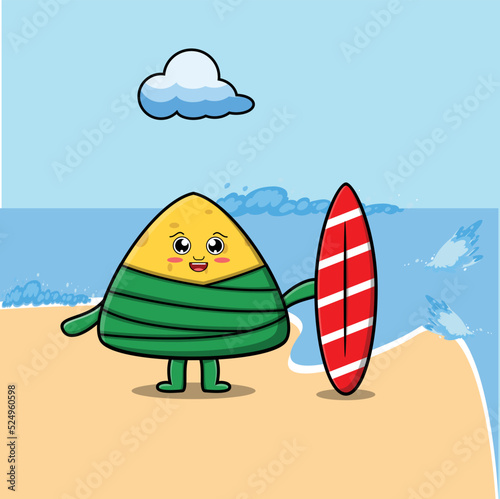 Cute cartoon chinese rice dumpling character playing surfing with surfing board in flat cartoon style illustration
