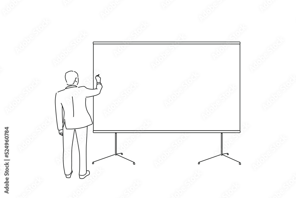 Drawing of blank poster and drawing businessman. Line art style Drawing of blank poster and drawing businessman. Line art style