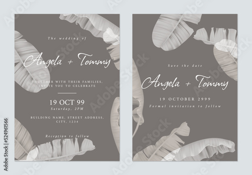 Foliage wedding invitation card template design, banana leaves on grey