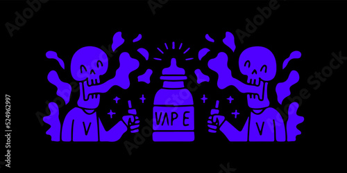 Funny skull character vaping, illustration for t-shirt, sticker, or apparel merchandise. With doodle, retro, and cartoon style.