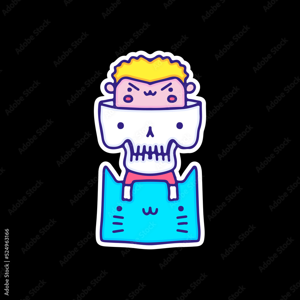 Funny boy, skull, and cat character, illustration for t-shirt, sticker, or apparel merchandise. With doodle art.