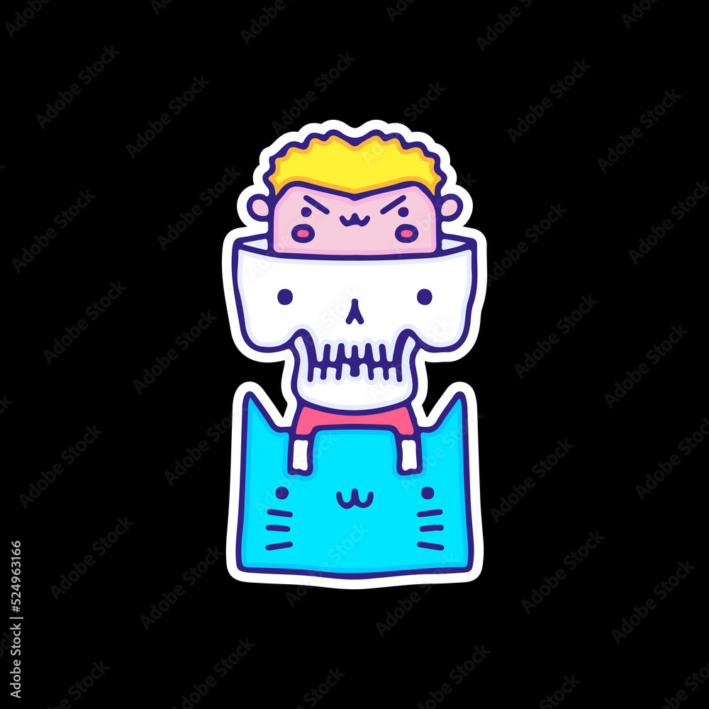 Funny boy, skull, and cat character, illustration for t-shirt, sticker, or apparel merchandise. With doodle art. Funny boy, skull, and cat character, illustration for t-shirt, sticker, or apparel merchandise. With doodle art.
