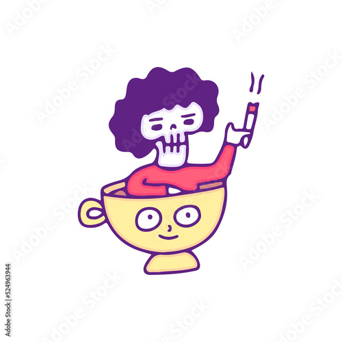 Cool afro skull smoke cigarette and chill out inside a cup of coffee, illustration for t-shirt, sticker, or apparel merchandise. With doodle, retro, and cartoon style.