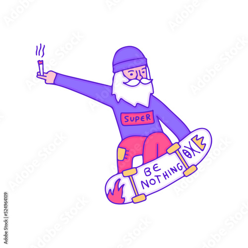 Cool hype bearded old man with beanie hat and smoke cigarette freestyle with skateboard, illustration for t-shirt, sticker, or apparel merchandise. With modern pop art.