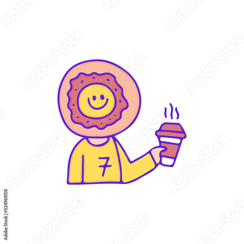 Cute donut character drink a cup of coffee, illustration for t-shirt, sticker, or apparel merchandise. With doodle, retro, and cartoon style.